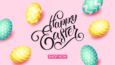 Hand sketched Happy Easter text, sale tag. Hand drawn Easter sale special offer poster, online shopping banner template, lettering typography. Motivational text with egg frame on pink background.のイラスト素材