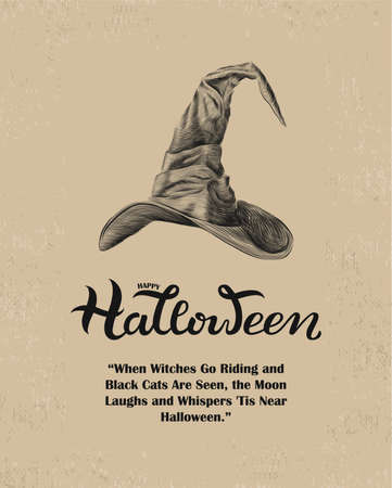 Happy Halloween Poster Print with witch hat and hand drawn letteringのイラスト素材