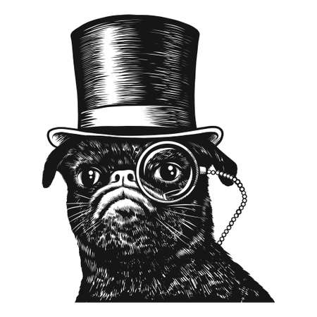 Pug dog in top hat black and white vector illustrationのイラスト素材