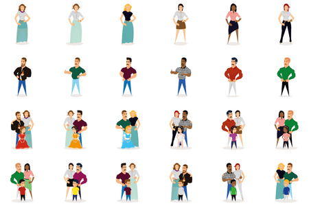 a set of women, men and families on a white backgroundのイラスト素材