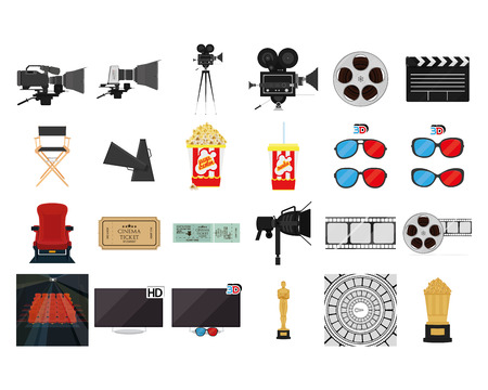 a set of colored cinema related elements on a white backgroundのイラスト素材
