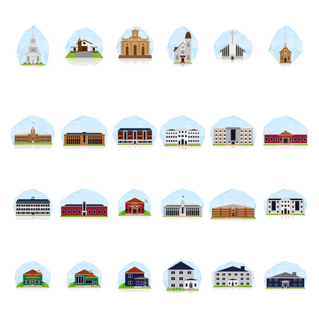 a set of colored buildings on a blue backgroundのイラスト素材