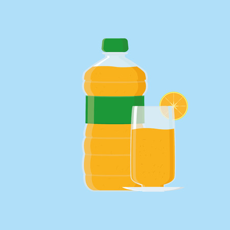 an isolated bottle of orange juice and a glass with juice on a blue backgroundのイラスト素材
