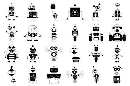 a set of black silhouettes of robot toys on a white backgroundのイラスト素材