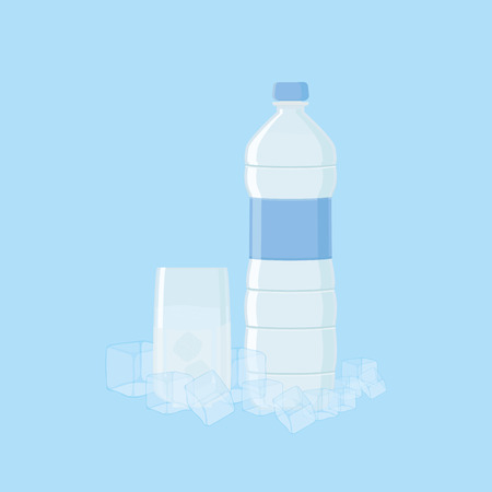 an isolated bottle of water and a glass with cold water on a blue backgroundのイラスト素材
