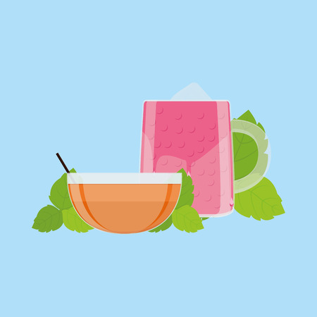 a pair of glasses with colored beverages on a blue backgroundのイラスト素材