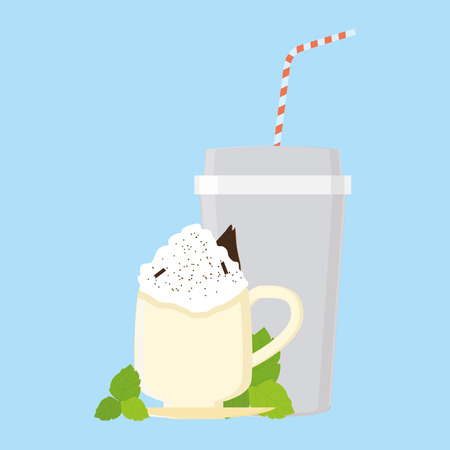 an isolated mug with a milk shake and a plastic cup on a blue backgroundのイラスト素材