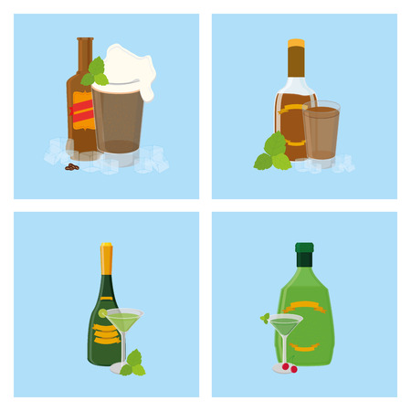 a set of blue backgrounds with different styles of bottles and glassesのイラスト素材
