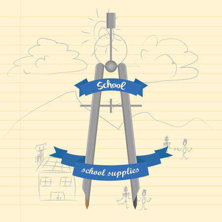 an isolated grey compass with ribbons on a paper with a sketchのイラスト素材