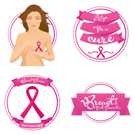 a set of four round labels with ribbons or a naked womanのイラスト素材