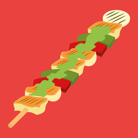 a wooden stick with a lot of ingredients on a red backgroundのイラスト素材