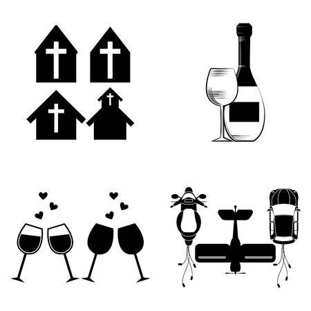 a set of black silhouettes of churches, cups and vehiclesのイラスト素材