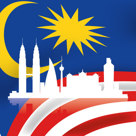 a colored background with the malaysian flag and a cityscape of its capitalのイラスト素材