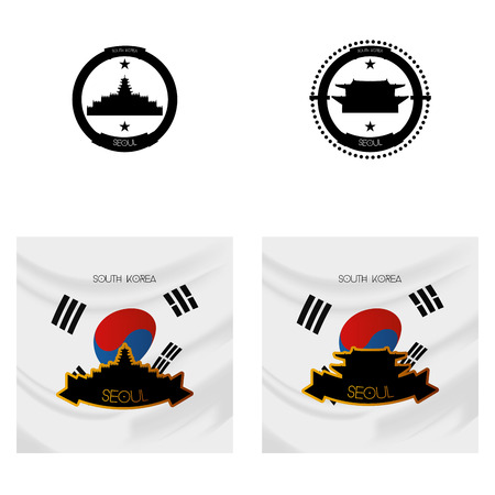 a set of labels and backgrounds with famous places in seoulのイラスト素材