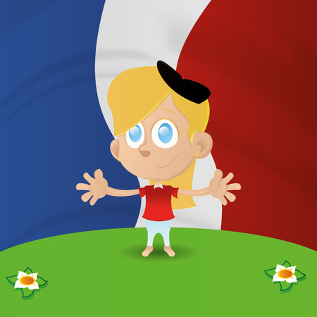 an isolated happy girl with the french flag on the backgroundのイラスト素材