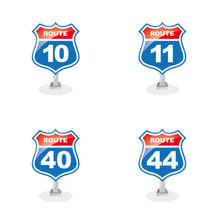 a set of traffic signals with text and route numbers on a white backgroundのイラスト素材