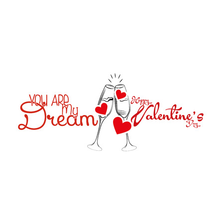 a pair of wine glass on the middle of text with hearts for valentine's dayのイラスト素材