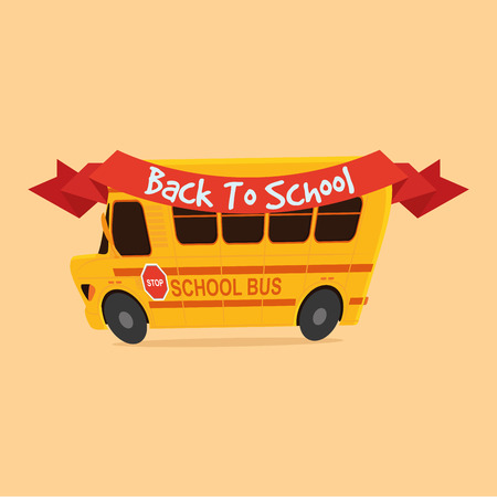 an isolated school bus and a ribbon with text on a colored backgroundのイラスト素材