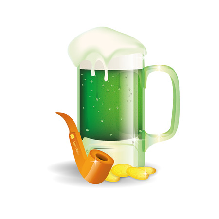 a glass with beer, a smoke pipe and some golden coins for patrick's dayのイラスト素材