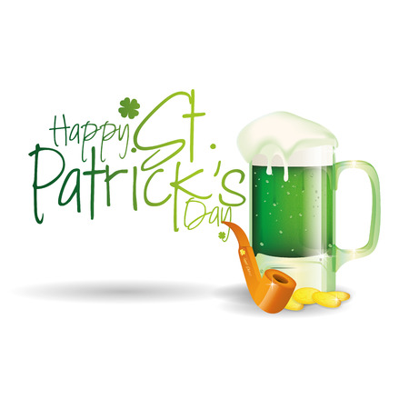 a glass with beer, text, a smoke pipe and golden coins for patrick's dayのイラスト素材