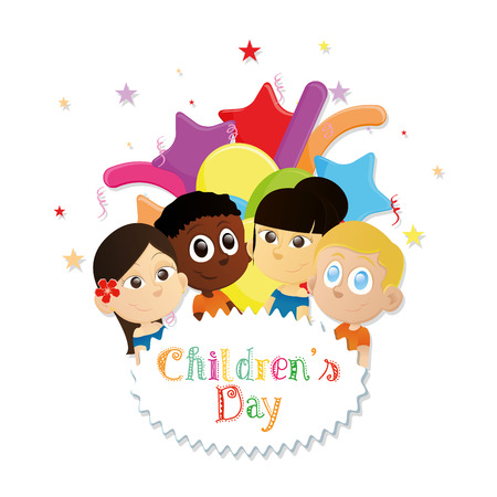 a group of children on a white background with text and ornamentsのイラスト素材
