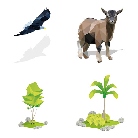 a set of geometric animals and trees on a white backgroundのイラスト素材