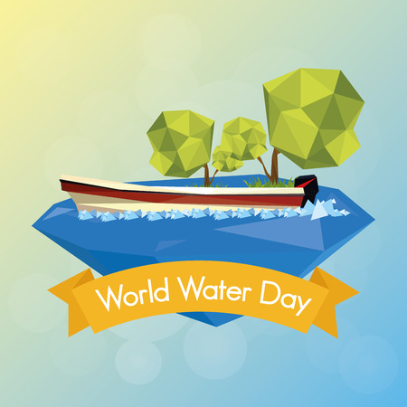 an isolated boat on the water with trees and a ribbon with textのイラスト素材