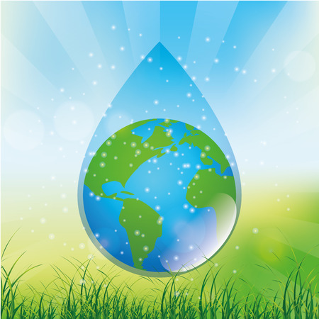 a colored landscape with grass and a drop of water with our planetのイラスト素材