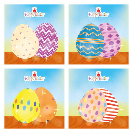 Set of easter eggs with texture and text on a landscape. Vector illustrationのイラスト素材