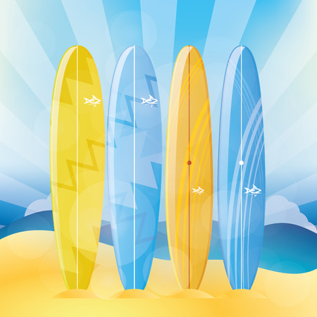 Set of surfboards on a colored background. Vector illustrationのイラスト素材