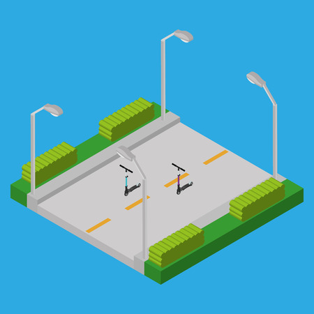 Group of scooters on a road on a blue backgroundのイラスト素材