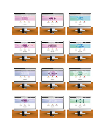 Set of computer screens with different cyber monday web templatesのイラスト素材