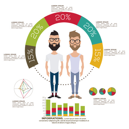 Isolated pair of men with trendy clothes on a colored infographicのイラスト素材