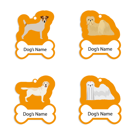 Set of dog tags with text and different illustrations of dog breedのイラスト素材