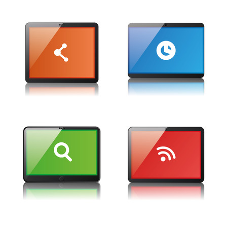 Set of tablets with different app icons, Vector illustrationのイラスト素材