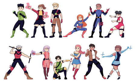 Isolated set group hero manga comic icon- Vector