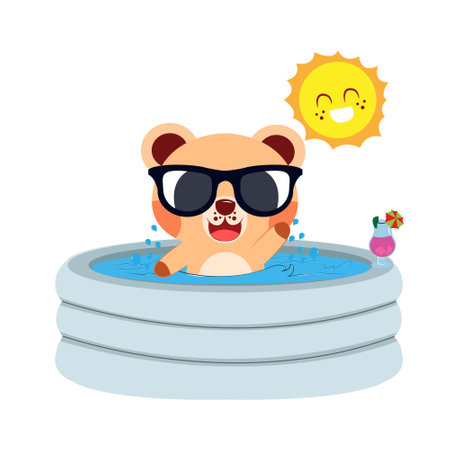 Isolated happy bear cartoon on an inflatable pool. Vector illustrationのイラスト素材