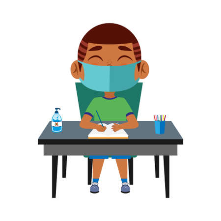 Boy studying wearing a face maskのイラスト素材