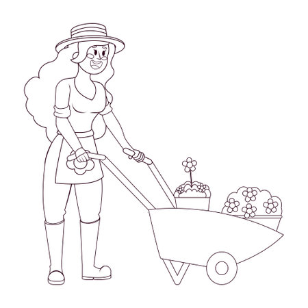 Woman with flowers in a wheelbarrow - Vectorのイラスト素材