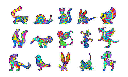Set of colored alebrijes Mexican cultureのイラスト素材