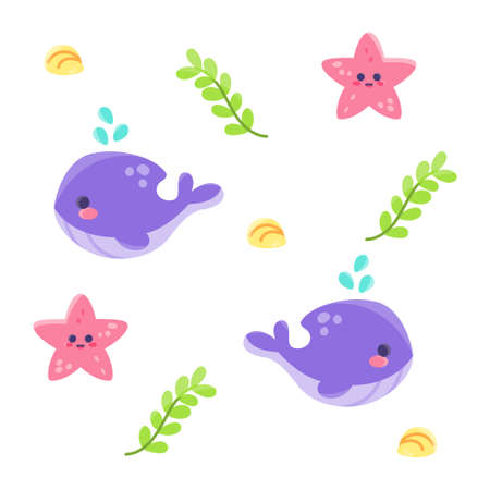 Colored sealife pattern with whales and seastars Vectorのイラスト素材