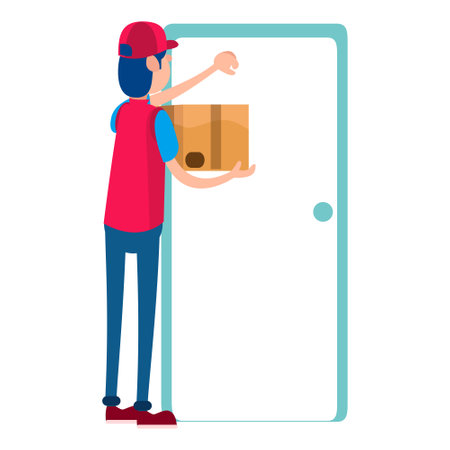 Isolated delivery boy with a package knocking a door Vector illustrationのイラスト素材