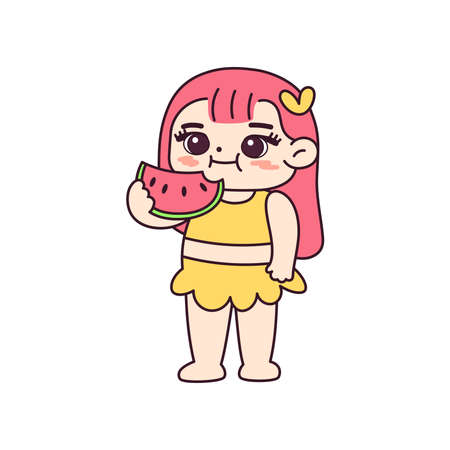 Isolated girl eating watermelon, children beach vector illustrationのイラスト素材