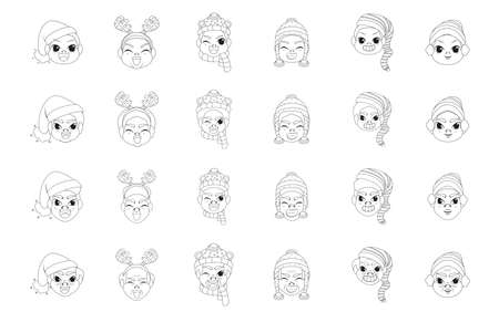 Set group man winter christmas draw borderline cute face vector illustrationのイラスト素材