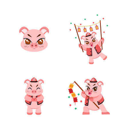 Set of cute pig cartoon with traditional clothes Zodiac sign Vector illustrationのイラスト素材