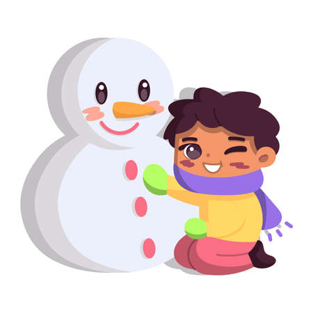 Isolated boy snowman winter kids play enjoy vector illustationのイラスト素材