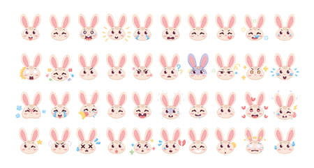 Set of rabbit cartoon avatars with different expressions Vector illustrationのイラスト素材