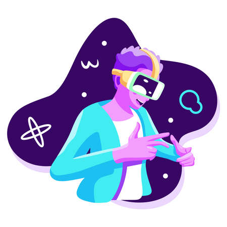 Young man Virtual reality glasses Game simulator Vector illustrationのイラスト素材