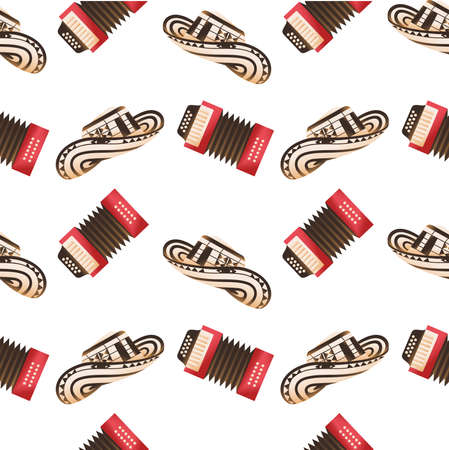 Pattern with Colombian vueltiao hats and accordions Vector illustration