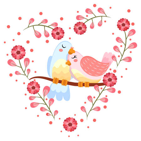 Isolated cute birds in love Floral frame Vector illustrationのイラスト素材